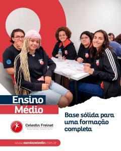 O Ensino Médio da Celestin tem os recursos ideais para formar um cidadão completo e pronto para os desafios profissionais. Além de consolidar os conhecimentos das diversas disciplinas, com o suporte do Sistema de Ensino Anglo, nosso foco é o desenvolvimento de habilidades específicas, como autonomia, pensamento crítico, tomada de decisões e preparação para a escolha da carreira. Tudo isso com 5 aulas na semana do melhor programa bilíngue do país, International School, e inúmeros projetos e atividades que enriquecem essa fase final da educação. A melhor escola para o futuro certo do seu filho é a Celestin Freinet! 