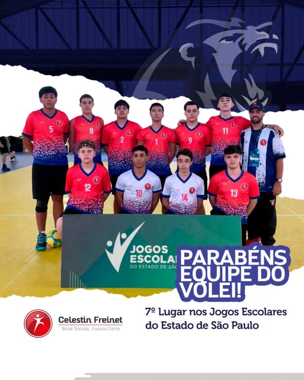 A equipe de Vôlei da Escola Celestin Freinet encerrou sua participação nos Jogos Escolares do Estado de São Paulo ocupando o 7º lugar na classificação geral do campeonato. Tudo começou em abril de 2024, quando o grupo foi classificado na fase Regional - Baixada Santista. Nosso time foi campeão Regional dentre todas as escolas particulares da Baixada Santista que participaram. Na fase Estadual, disputamos com outros 15 vencedores de todas as regionais do Estado de São Paulo, dentre as quais ocupamos agora o 7º lugar. Estar entre os 7 melhores do Estado é uma grande conquista e merece ser celebrada!