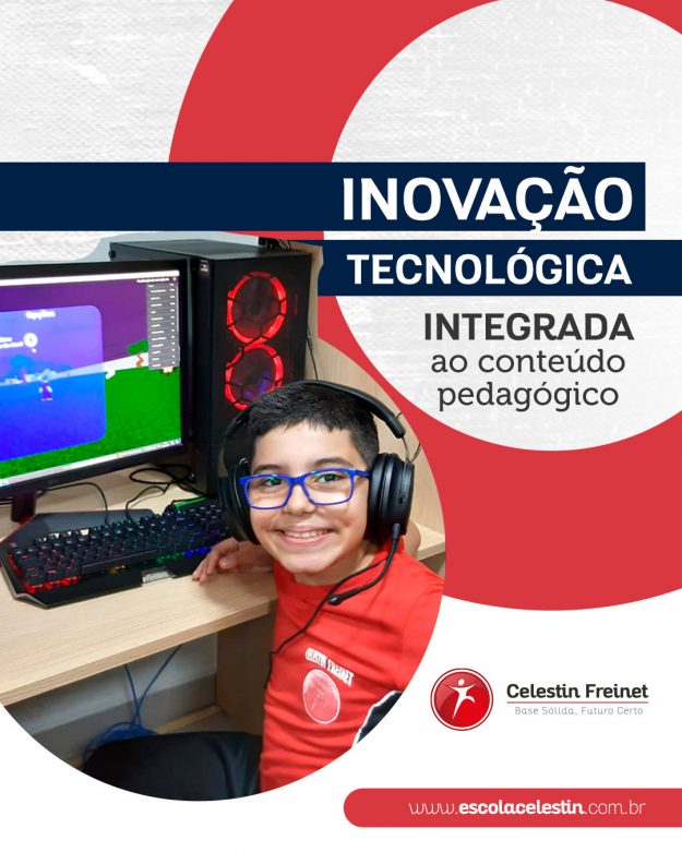 A tecnologia apresenta inúmeras possibilidades para enriquecermos o processo de aprendizado, sempre priorizando o desenvolvimento das habilidades e dos saberes essenciais para cada faixa etária. Na Escola Celestin Freinet, o conteúdo pedagógico também é desenvolvido com o suporte de ferramentas digitais, como games e plataformas de exercícios, o que amplia o interesse do aluno e torna as aulas mais dinâmicas e divertidas. Conheça mais: • Sala Microsoft: recursos de ponta para aulas digitais e integração com outras matérias • Office 356 Education: plataforma de comunicação, produtividade e gestão • Microsoft Minecraft: aulas com gamificação e atividades interativas • Plurall: ambiente virtual com exercícios, desafios e jogos de Matemática • Sala Gamer: vivências online aliadas ao aprendizado • Sistema de Ensino Anglo: ecossistema de aprendizado completo