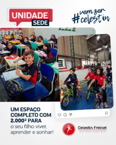 A unidade Sede da Celestin Freinet é preparada para atender com conforto e segurança as turmas do Ensino Fundamental até o Ensino Médio. O complexo possui 2.000 m2 com espaços arejados e bem divididos. A estrutura é perfeita para atender toda rotina escolar. Conheça mais: + Salas climatizadas + Quadra poliesportiva coberta + Sala movimento + Espaço Leitura + Laboratório + Elevador + Palco para eventos + Pátio aberto + Câmeras de monitoramento + Cantina + Bicicletário + Estúdio de rádio/podcast