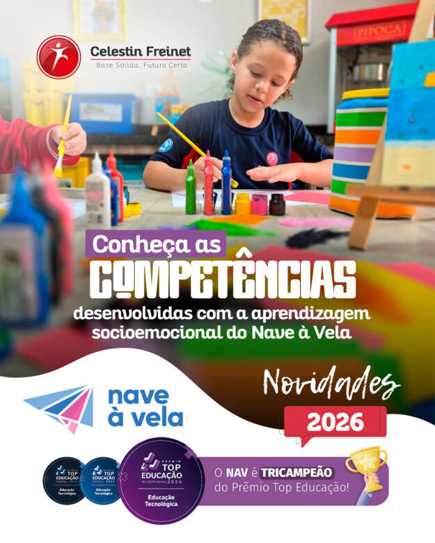 Conheça as competências desenvolvidas com a aprendizagem socioemocional do Nave à Vela • Autoconhecimento: reconhecer, com precisão, as próprias emoções, os próprios pensamentos e valores e como eles influenciam o comportamento, além de avaliar pontos fortes e limitações com autoconfiança. • Autorregulação: capacidade de lidar com as próprias emoções e os próprios pensamentos e comportamentos em diferentes situações, manejar, de maneira eficaz, o estresse, motivar-se e regular os impulsos. • Consciência social: capacidade de assumir a perspectiva dos outros, incluindo os de diversas culturas e origens, e de ser empático. Ainda envolve a aptidão de entender normas sociais e éticas de comportamento, reconhecendo a família, a escola e comunidade como fontes de apoio. • Habilidades de relacionamento: são as capacidades de estabelecer e manter relações saudáveis com diversos indivíduos e grupos, comunicar-se claramente, cooperar com os outros e resistir às pressões sociais inadequadas. • Tomada de decisão responsável: capacidade de fazer escolhas construtivas sobre comportamentos pessoais e interações sociais baseadas em padrões éticos, seguros e responsáveis. A Nave à Vela, umas das novidades na Celestin Freinet este ano, é uma metodologia educacional brasileira focada em cultura de inovação "mão na massa" (maker) e letramento tecnológico, transformando alunos em protagonistas. Ela cultiva autonomia, trabalho em equipe e habilidades socioemocionais através de projetos práticos, utilizando kits criativos, plataformas digitais e aprendizagem ativa para resolver desafios reais. A metodologia é desenhada para tornar o aprendizado mais significativo e engajador, preparando os alunos para um futuro incerto com criatividade. Ao longo das vivências e encontros de cada coleção, os alunos mergulham em temas atuais e relevantes para a sociedade, a partir de temáticas modulares que facilitam a conexão com o currículo da escola e a inserção na grade curricular.
